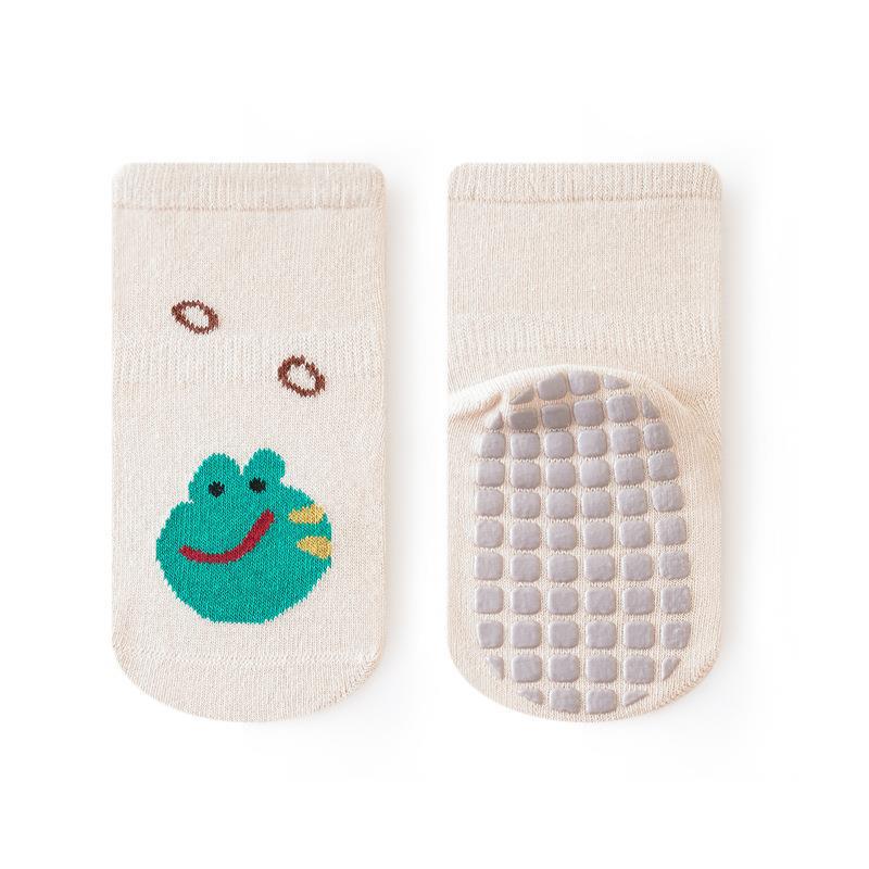 A pair of colorful autumn cartoon print socks for kids, featuring playful designs in white, blue, yellow, grey, and brown.