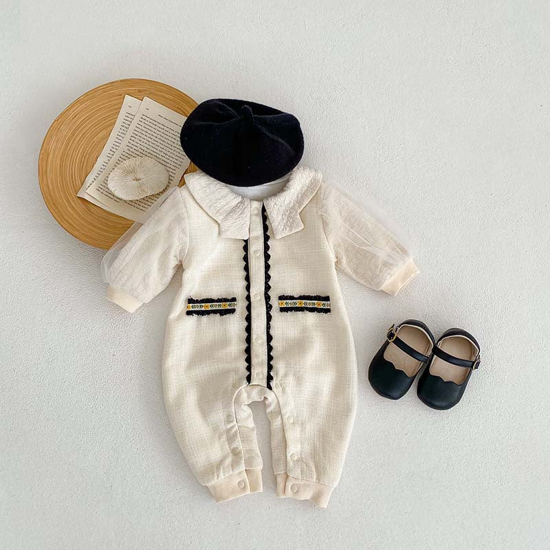 A white Autumn Crewneck Lace Design Princess Romper for baby girls, featuring elegant lace detailing and soft cotton fabric.