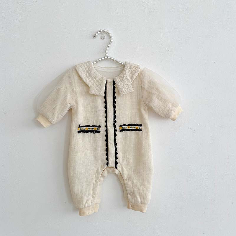 A white Autumn Crewneck Lace Design Princess Romper for baby girls, featuring elegant lace detailing and soft cotton fabric.