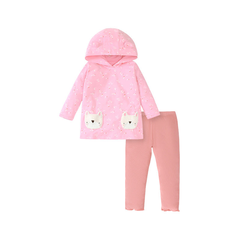 A pink hoodie set featuring a cute floral pattern, designed for baby girls and girls, made from soft cotton material.