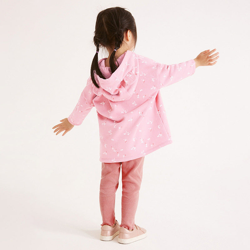 A pink hoodie set featuring a cute floral pattern, designed for baby girls and girls, made from soft cotton material.