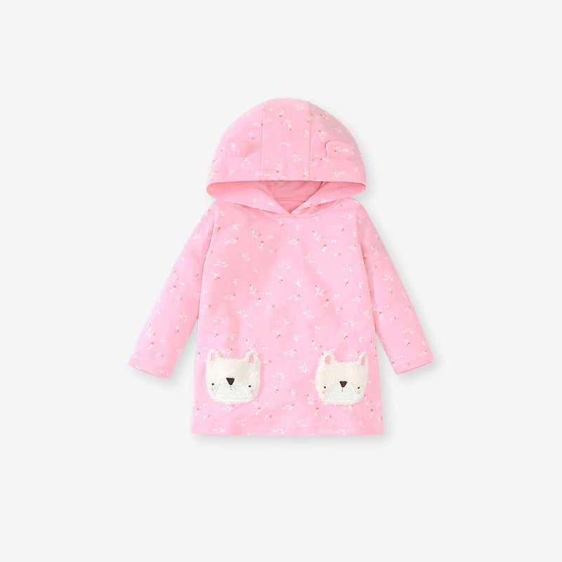 A pink hoodie set featuring a cute floral pattern, designed for baby girls and girls, made from soft cotton material.