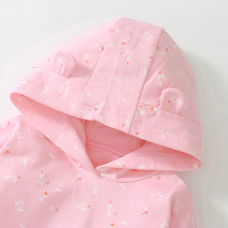 A pink hoodie set featuring a cute floral pattern, designed for baby girls and girls, made from soft cotton material.