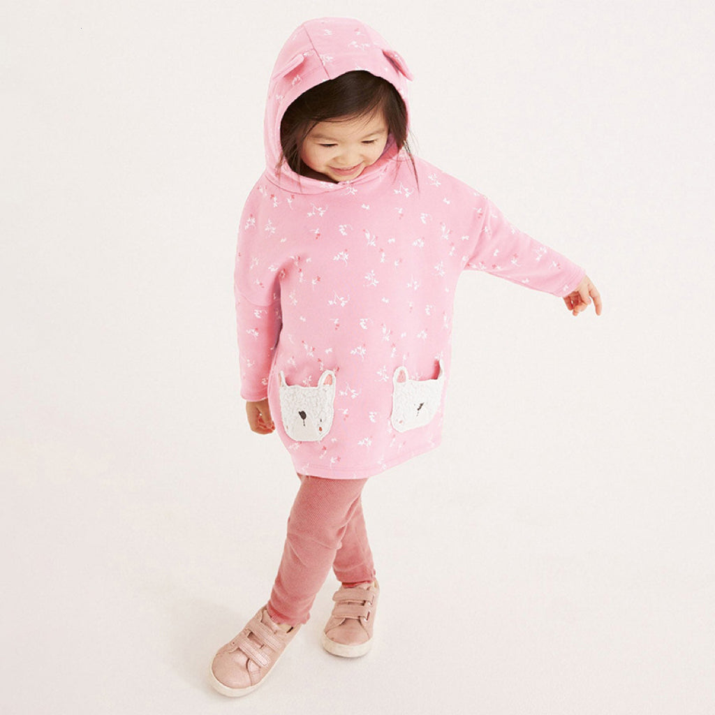 A pink hoodie set featuring a cute floral pattern, designed for baby girls and girls, made from soft cotton material.