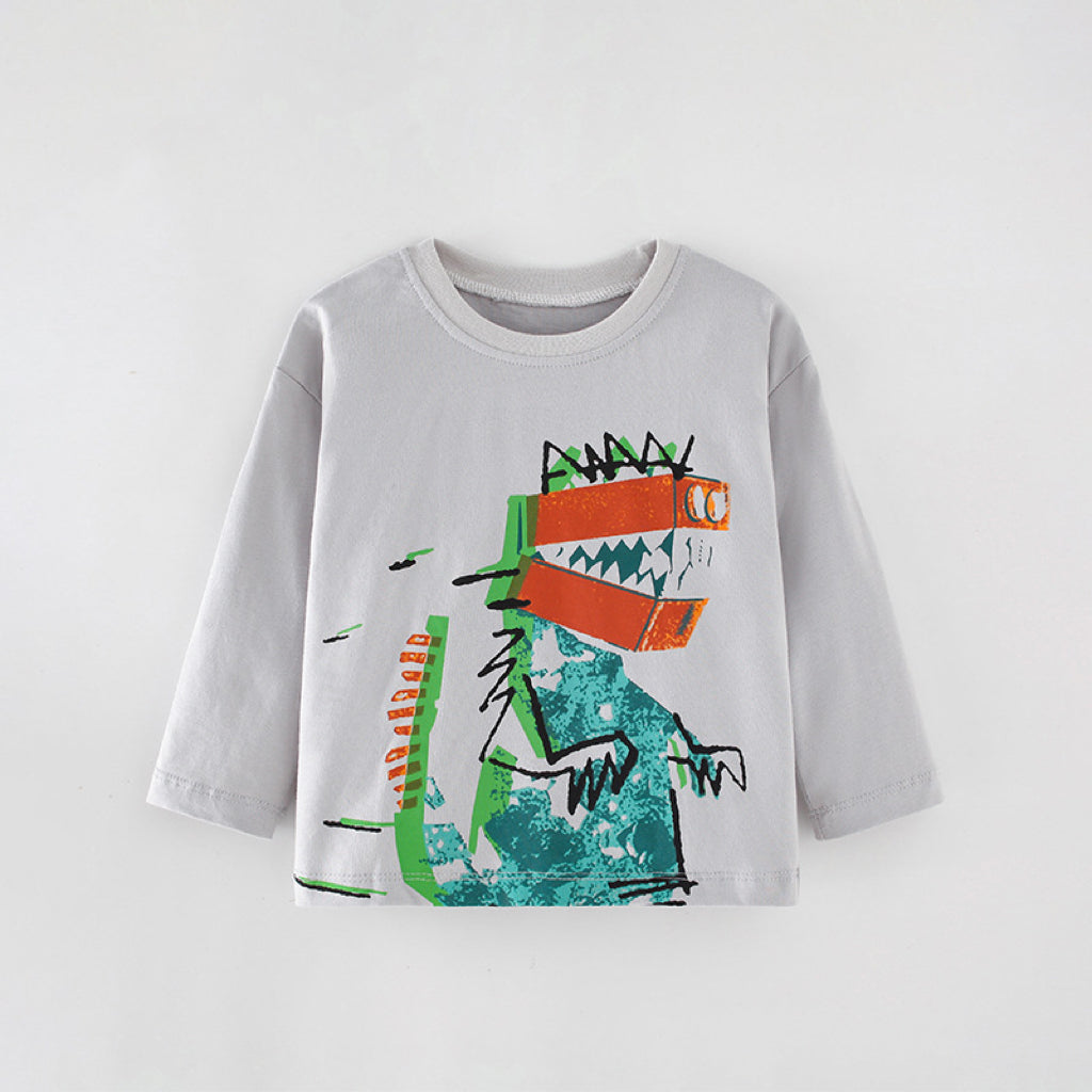 A grey crewneck shirt featuring a playful dinosaur pattern, perfect for boys aged 12 months to 10 years.