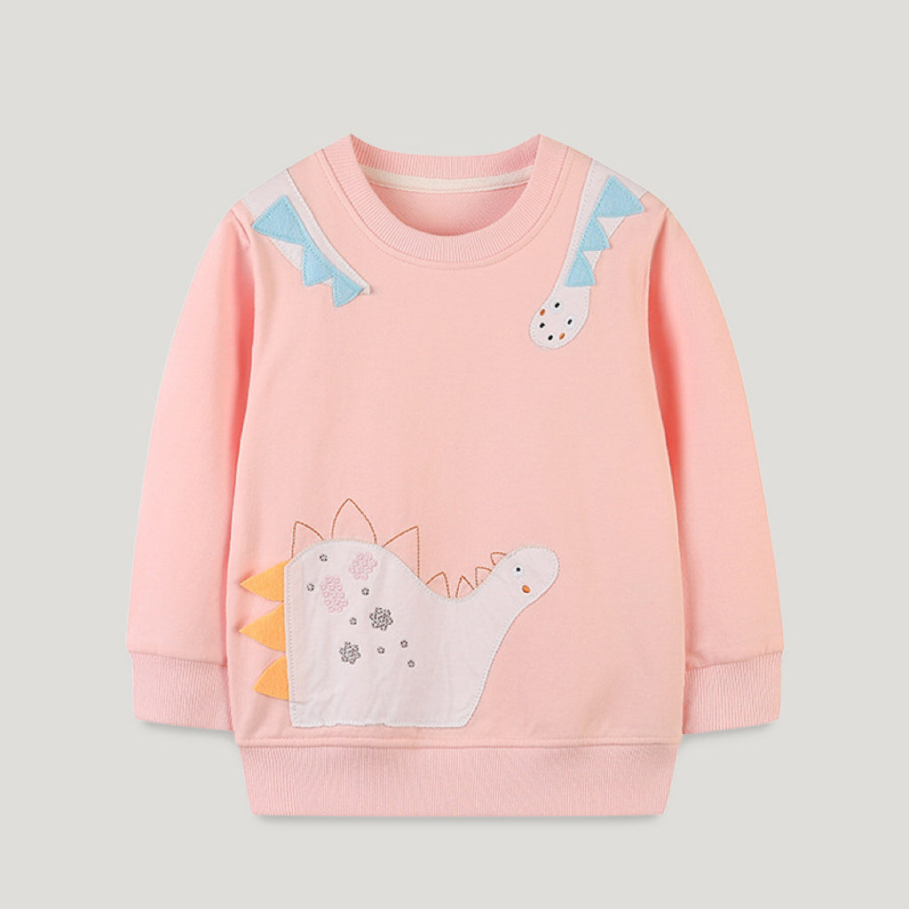 A pink soft cotton hoodie featuring an adorable dinosaur pattern, perfect for young girls.