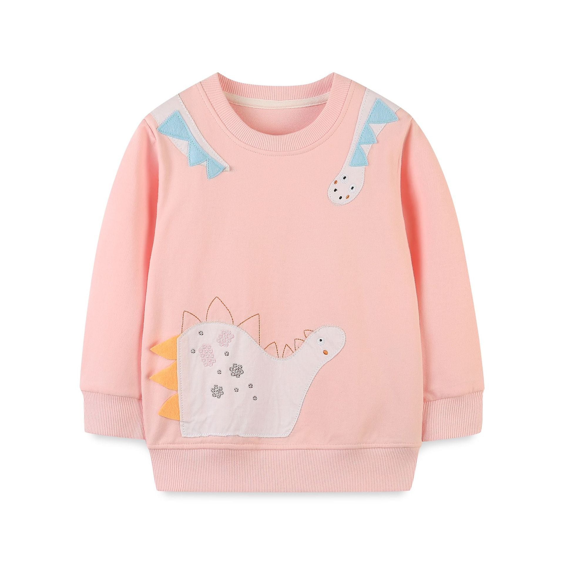 A pink soft cotton hoodie featuring an adorable dinosaur pattern, perfect for young girls.