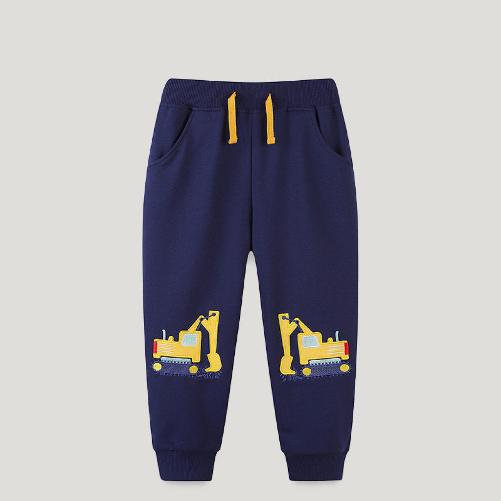 Autumn Embroidered Pattern Casual Trousers in navy blue and orange for boys, made from soft cotton with playful designs.