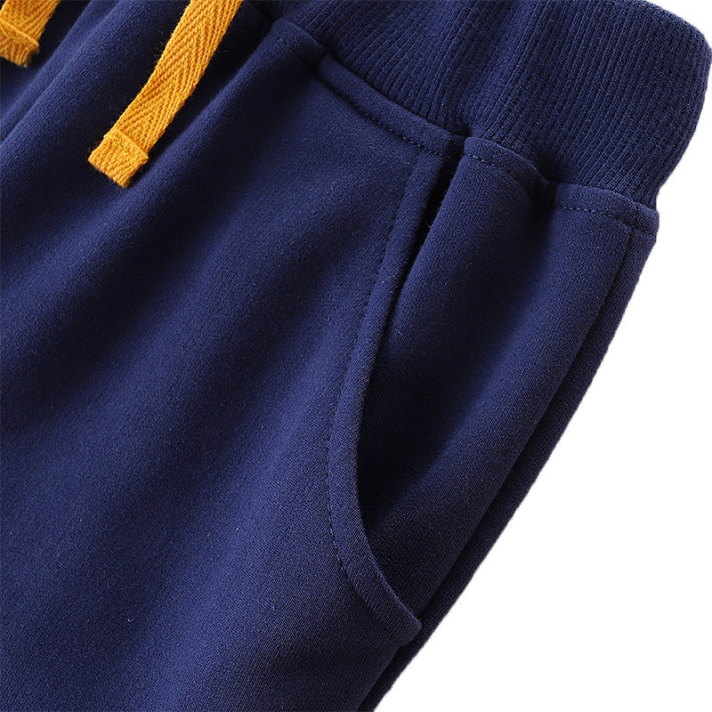 Autumn Embroidered Pattern Casual Trousers in navy blue and orange for boys, made from soft cotton with playful designs.