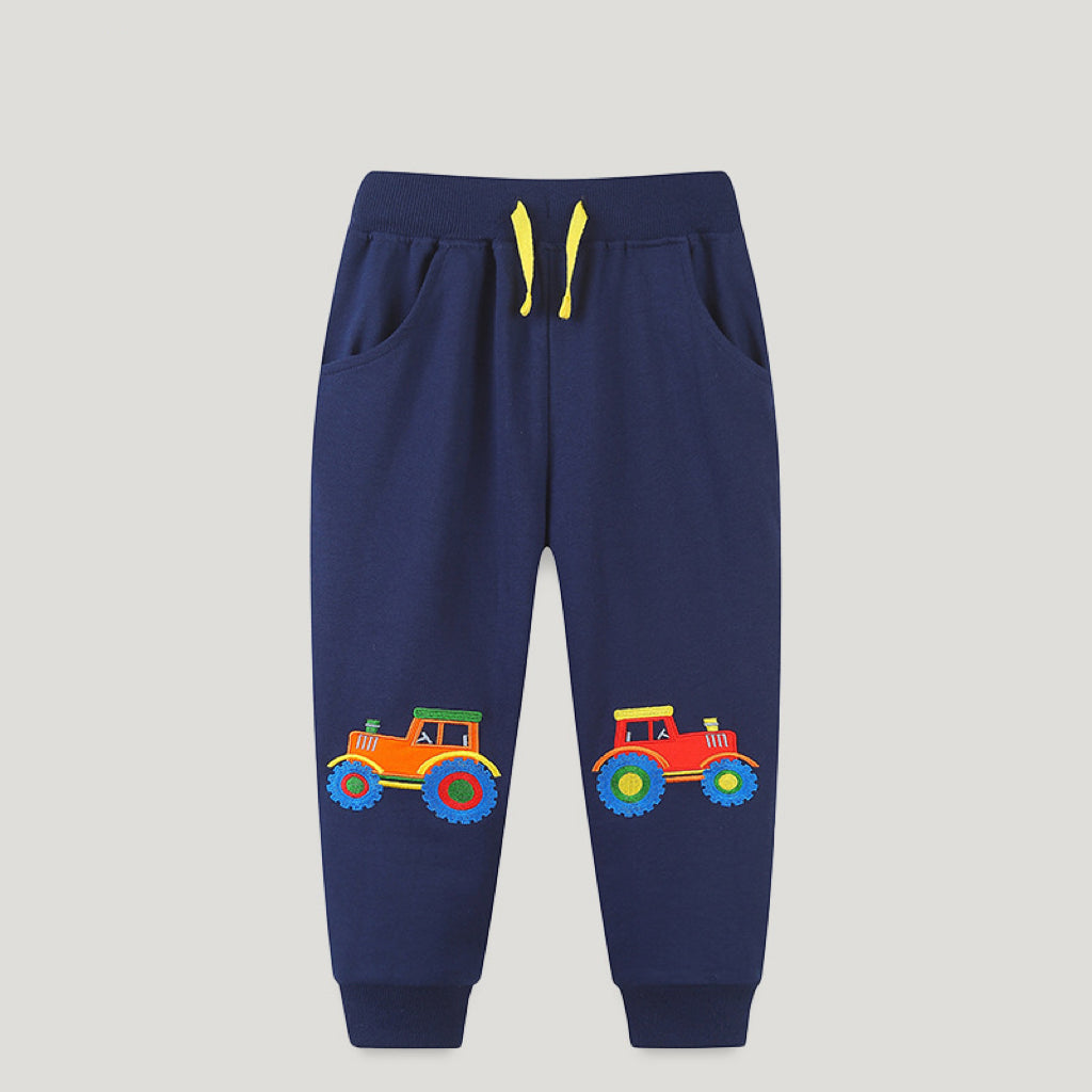 Autumn Embroidered Pattern Casual Trousers in navy blue and orange for boys, made from soft cotton with playful designs.