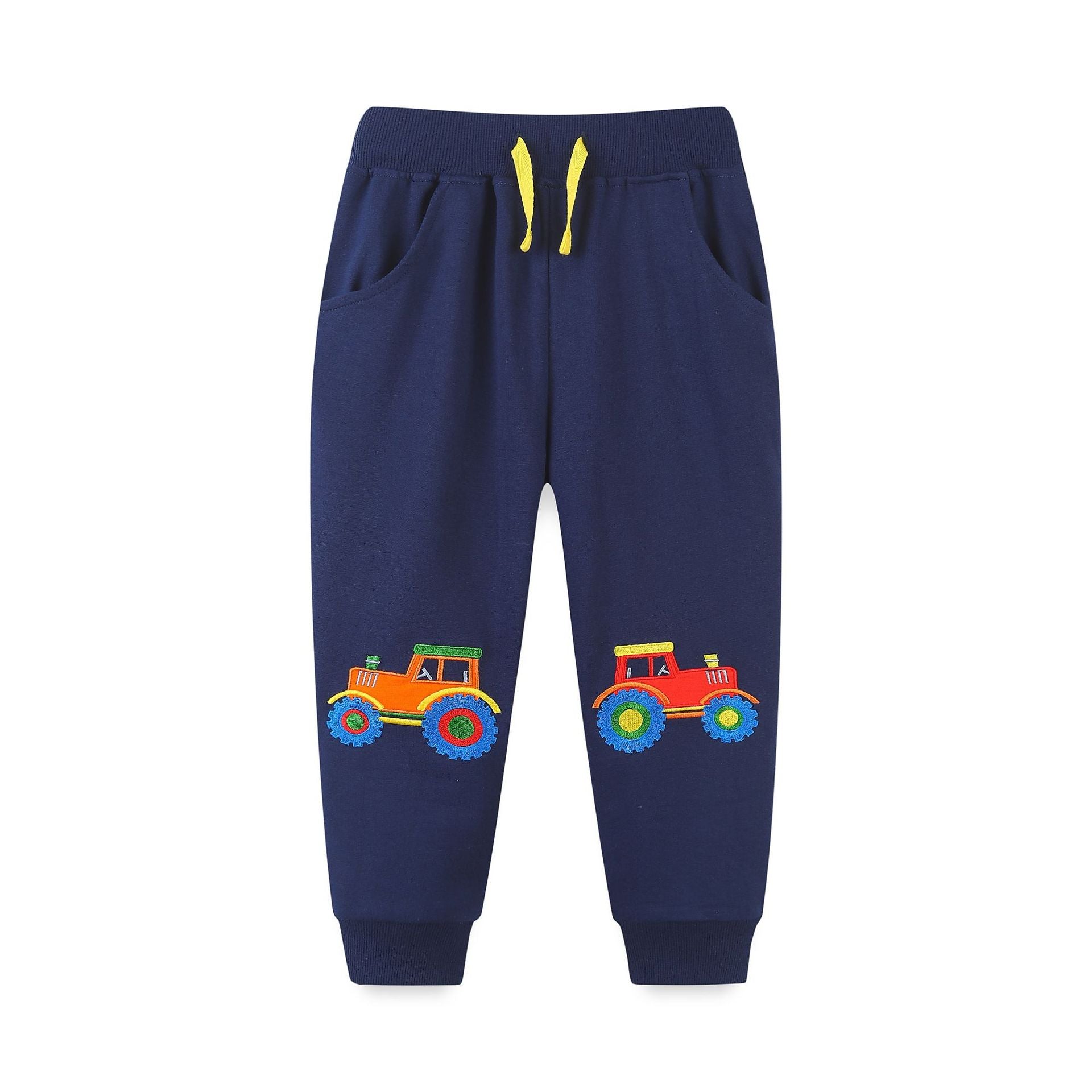 Autumn Embroidered Pattern Casual Trousers in navy blue and orange for boys, made from soft cotton with playful designs.