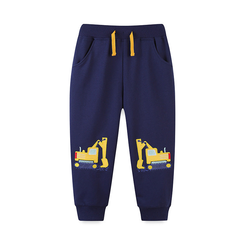 Autumn Embroidered Pattern Casual Trousers in navy blue and orange for boys, made from soft cotton with playful designs.