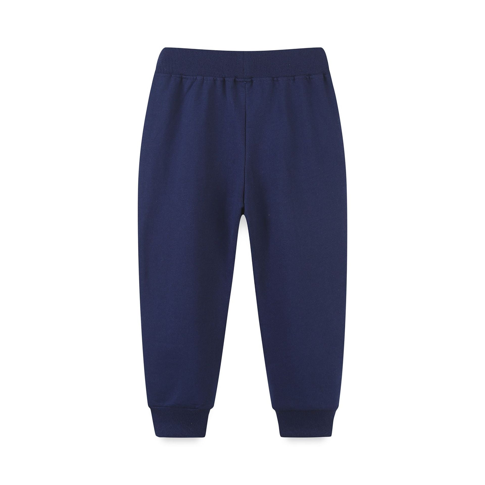 Autumn Embroidered Pattern Casual Trousers in navy blue and orange for boys, made from soft cotton with playful designs.