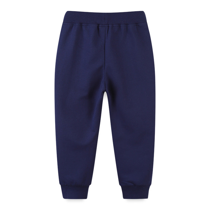 Autumn Embroidered Pattern Casual Trousers in navy blue and orange for boys, made from soft cotton with playful designs.