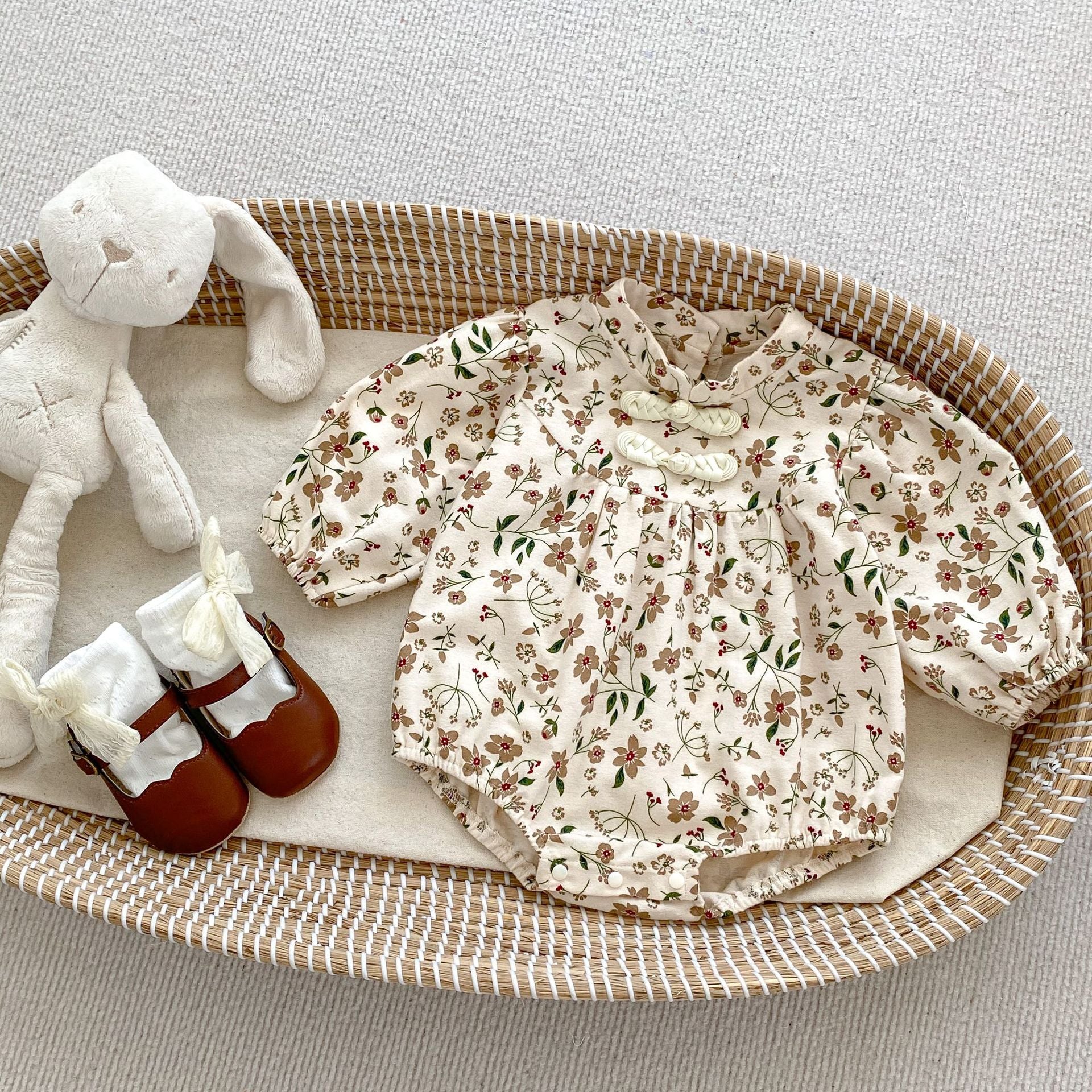 Autumn Floral Pattern Chinese Style Baby Onesies in brown cotton, featuring a charming floral design for baby girls.