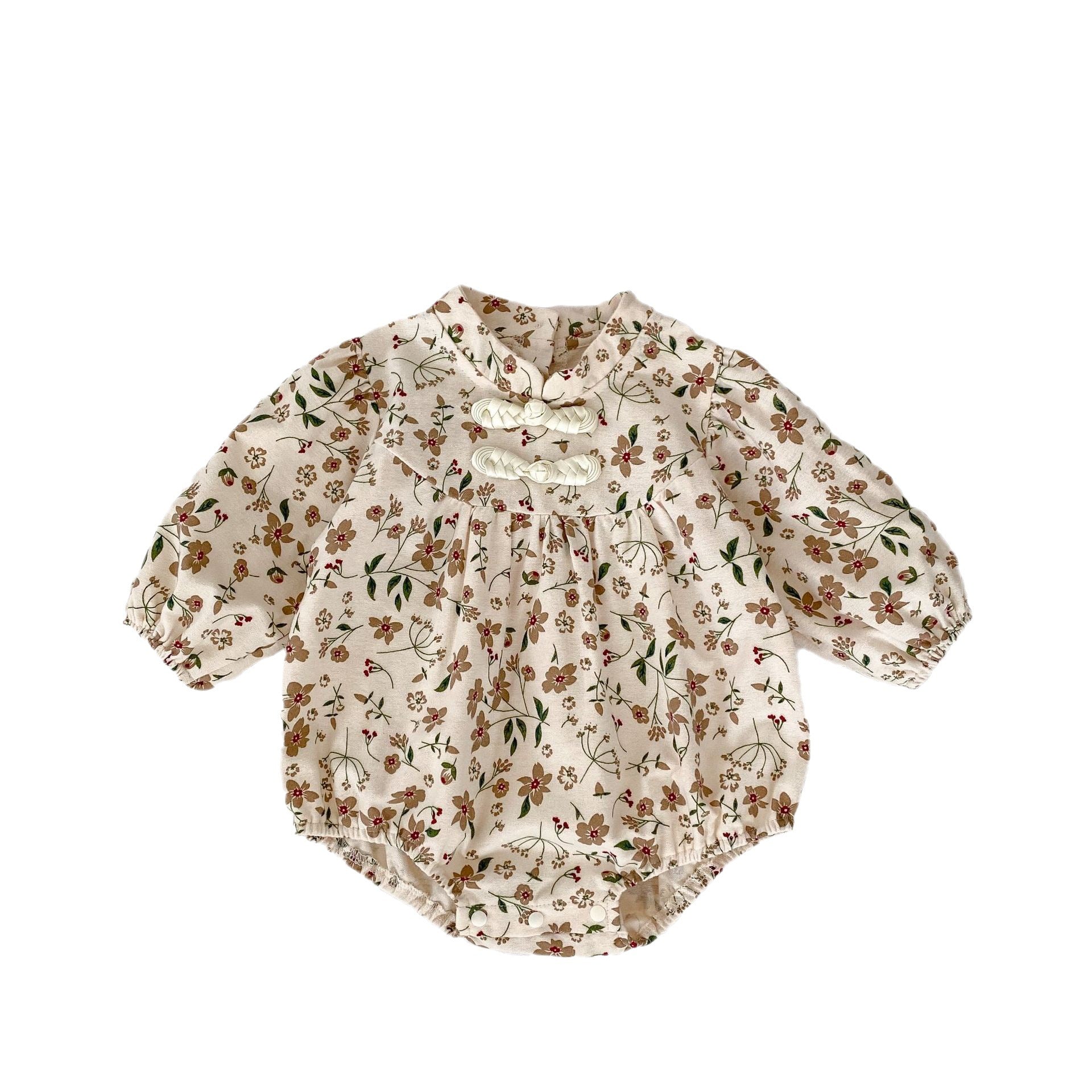 Autumn Floral Pattern Chinese Style Baby Onesies in brown cotton, featuring a charming floral design for baby girls.