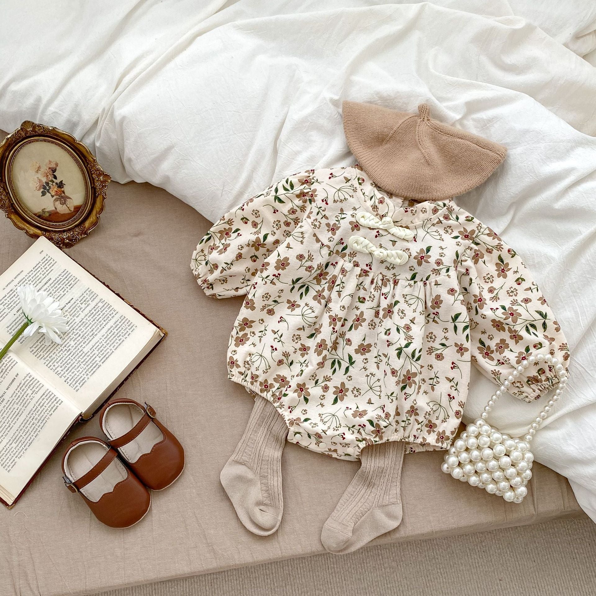 Autumn Floral Pattern Chinese Style Baby Onesies in brown cotton, featuring a charming floral design for baby girls.