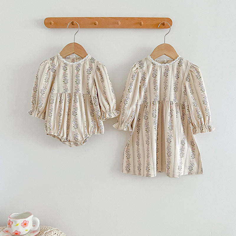 Autumn Floral Pattern Long Sleeve Onesies & Dress in white and beige, featuring a charming floral design, perfect for baby girls.