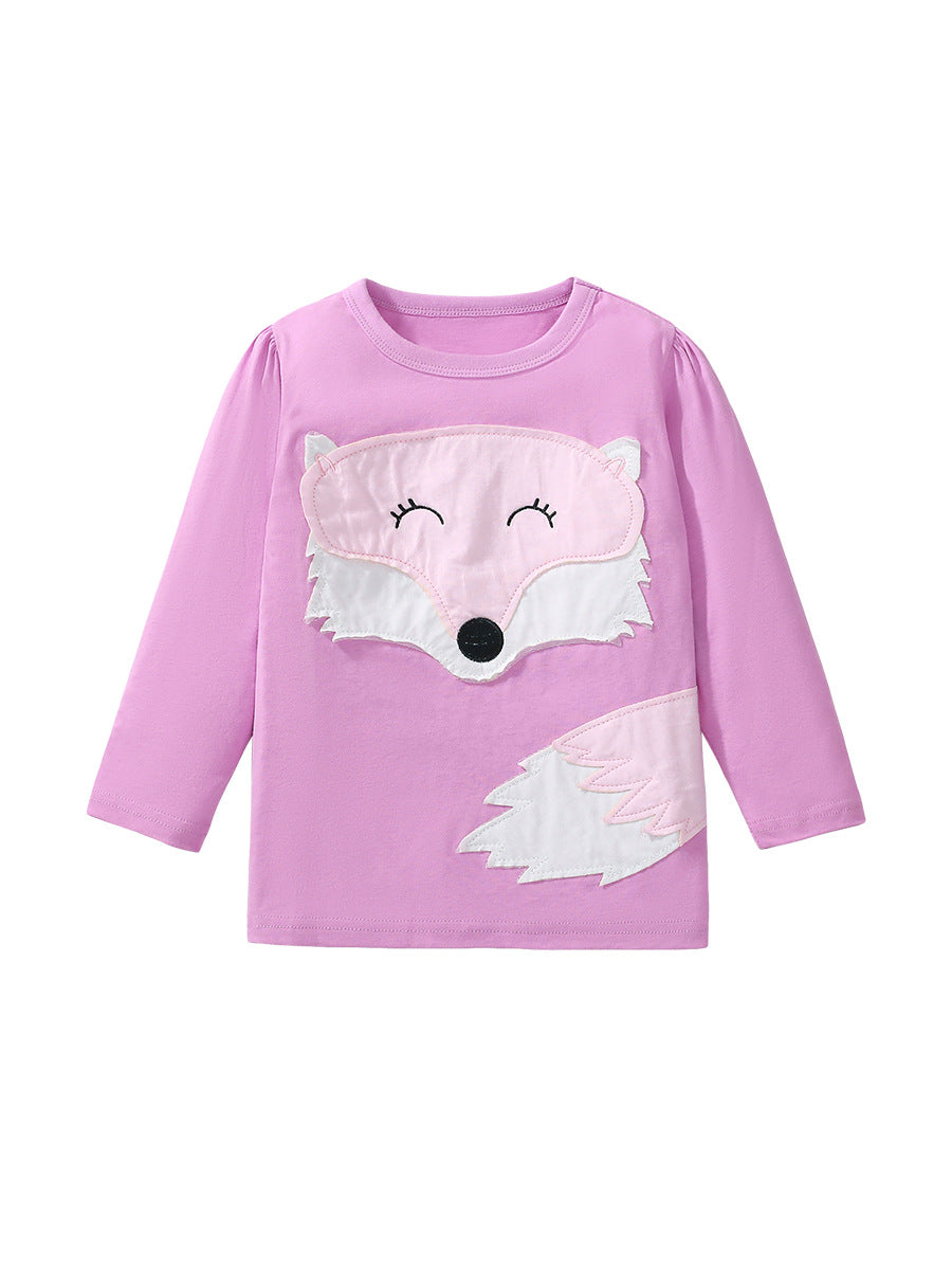 A purple long-sleeved t-shirt for girls featuring a cute fox cartoon pattern, made from soft cotton material.