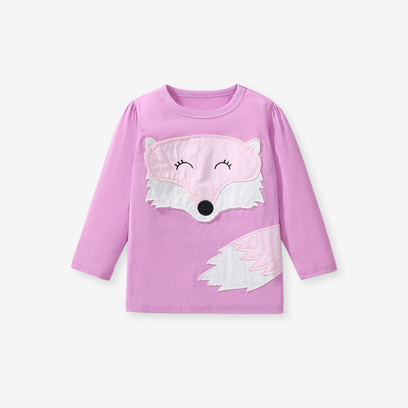 A purple long-sleeved t-shirt for girls featuring a cute fox cartoon pattern, made from soft cotton material.