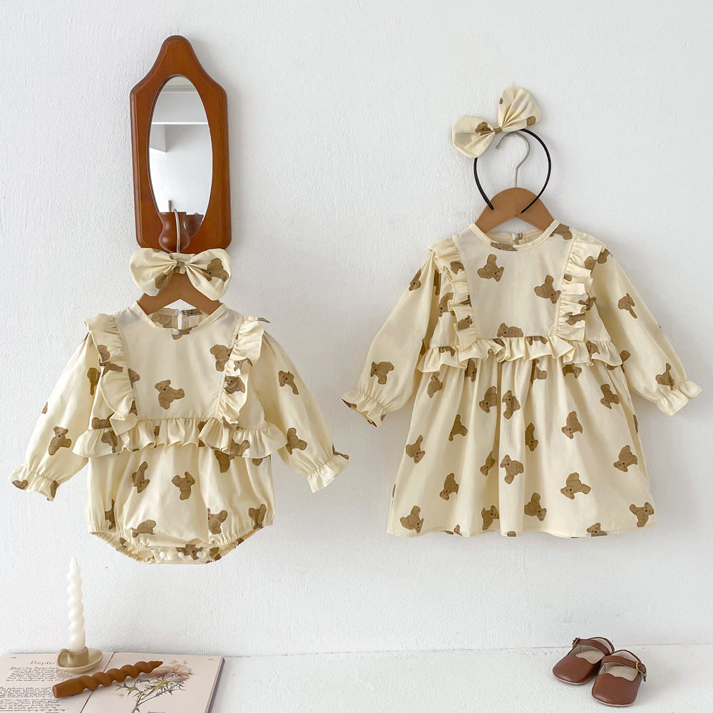 Autumn Girls Teddy Bear Pattern Long Sleeves Onesies in beige and apricot colors, featuring a cute cartoon design.