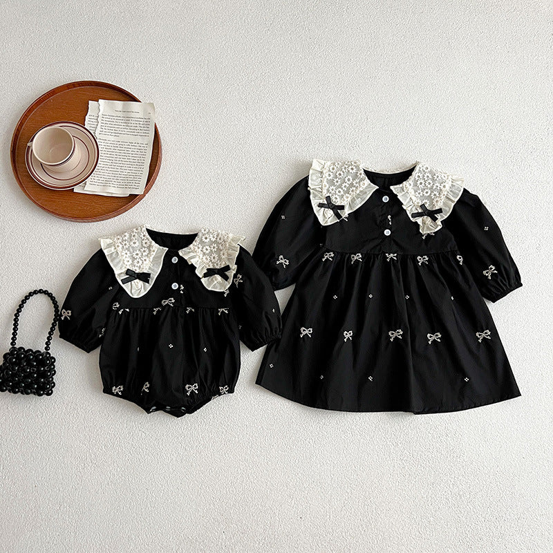 Autumn Mesh Patched Design Long Sleeve Dress in white and black colors, featuring floral patterns and embroidered details, perfect for baby girls and girls.