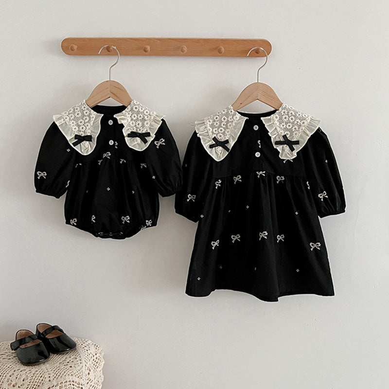 Autumn Mesh Patched Design Long Sleeve Dress in white and black colors, featuring floral patterns and embroidered details, perfect for baby girls and girls.