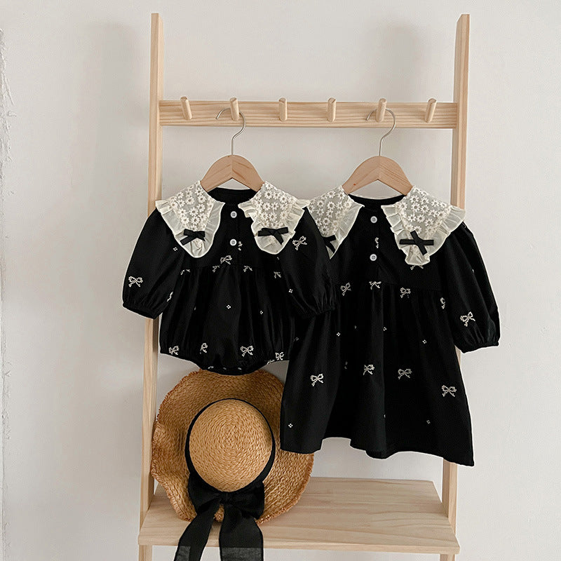 Autumn Mesh Patched Design Long Sleeve Dress in white and black colors, featuring floral patterns and embroidered details, perfect for baby girls and girls.