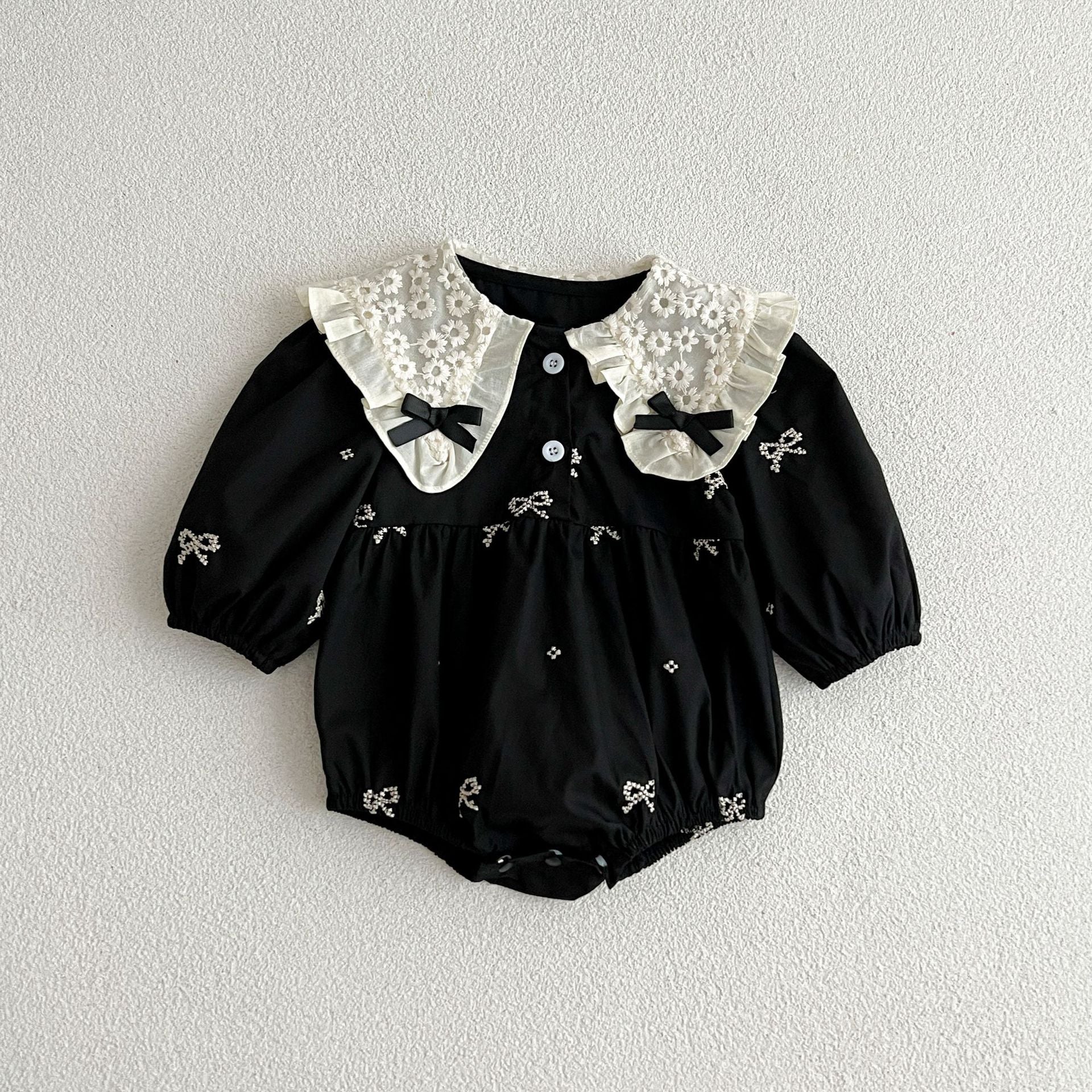 Autumn Mesh Patched Design Long Sleeve Dress in white and black colors, featuring floral patterns and embroidered details, perfect for baby girls and girls.