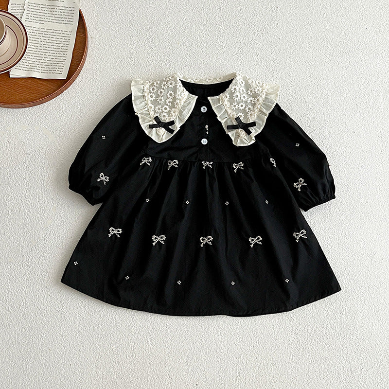 Autumn Mesh Patched Design Long Sleeve Dress in white and black colors, featuring floral patterns and embroidered details, perfect for baby girls and girls.