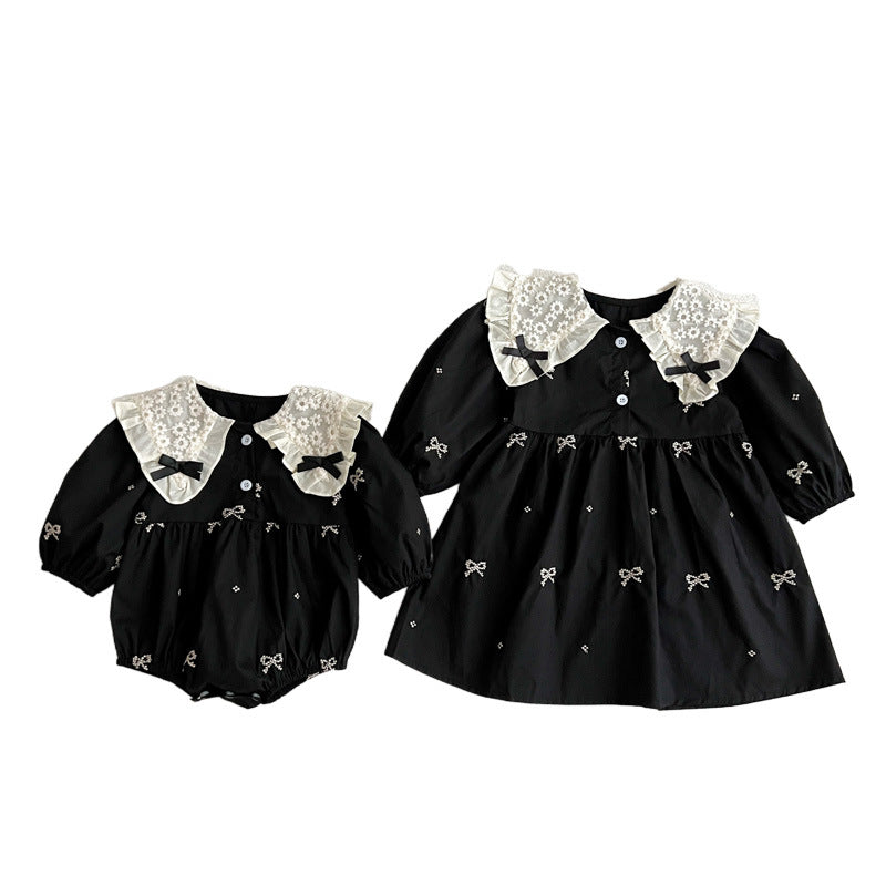 Autumn Mesh Patched Design Long Sleeve Dress in white and black colors, featuring floral patterns and embroidered details, perfect for baby girls and girls.