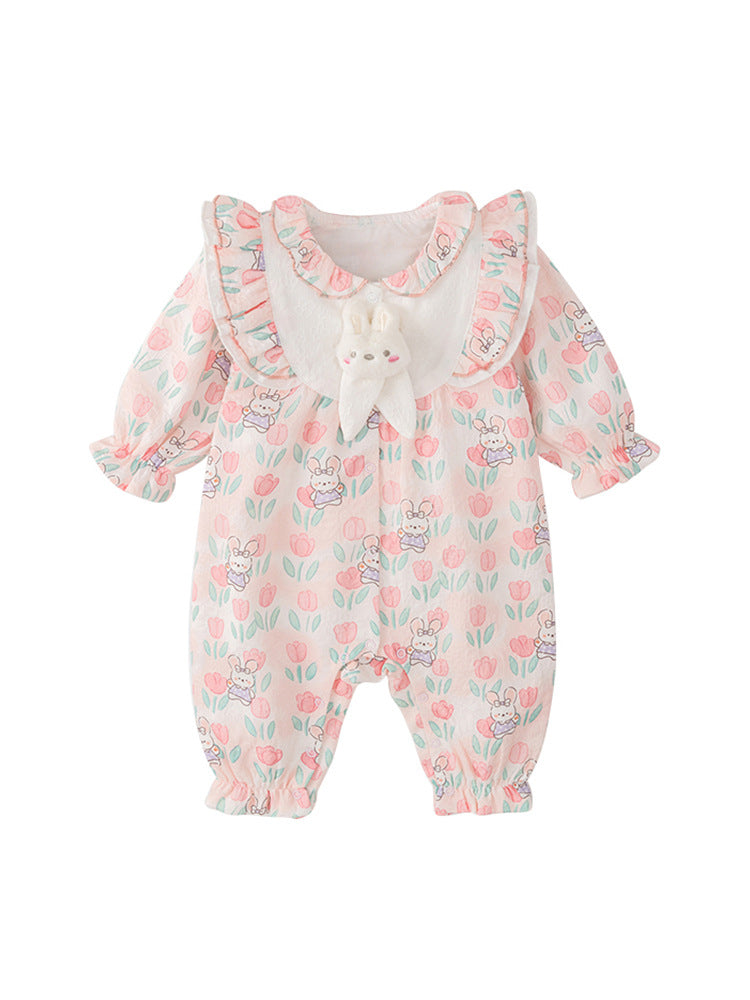 A pink baby girl's outfit featuring a floral and rabbit pattern, perfect for autumn and spring seasons.