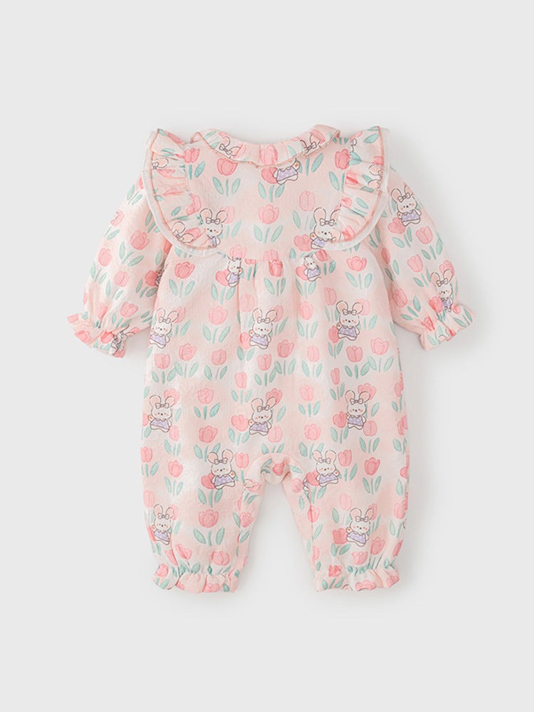 A pink baby girl's outfit featuring a floral and rabbit pattern, perfect for autumn and spring seasons.