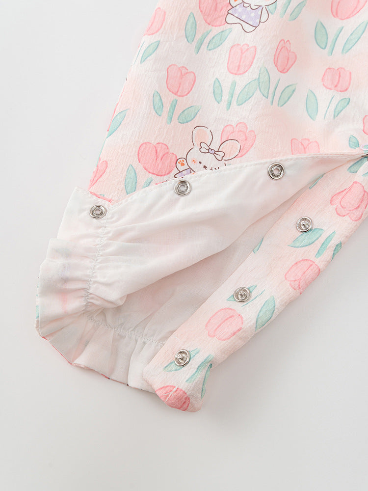 A pink baby girl's outfit featuring a floral and rabbit pattern, perfect for autumn and spring seasons.