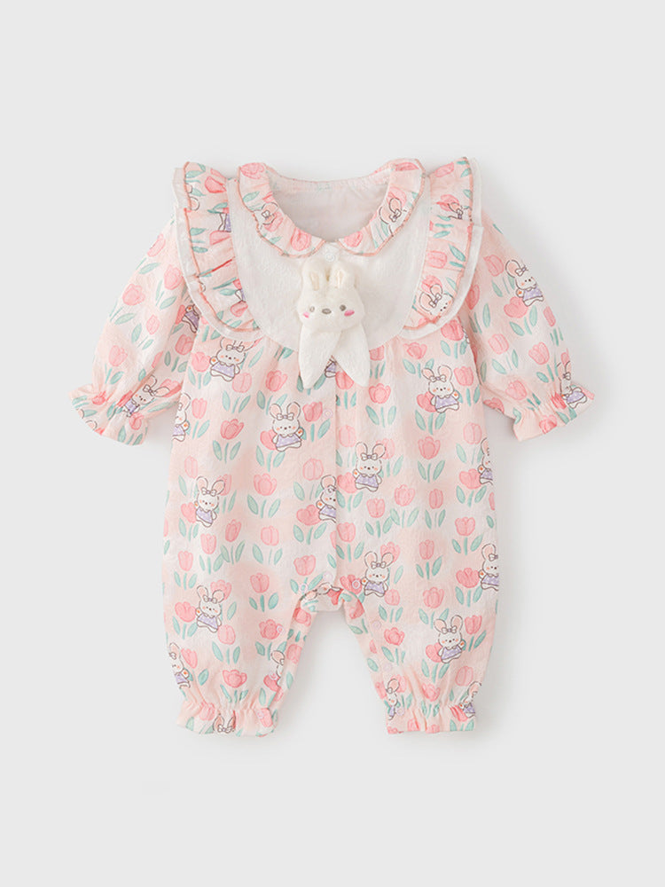 A pink baby girl's outfit featuring a floral and rabbit pattern, perfect for autumn and spring seasons.