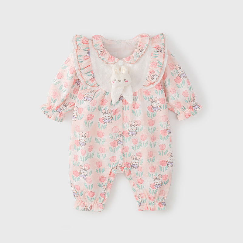 A pink baby girl's outfit featuring a floral and rabbit pattern, perfect for autumn and spring seasons.