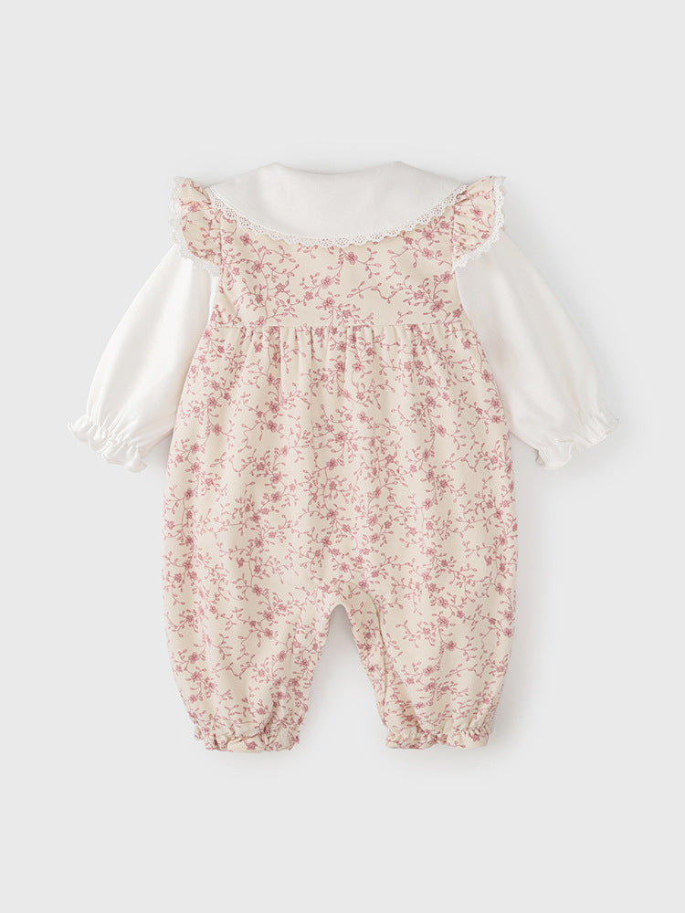 A pink floral pattern romper for baby girls, featuring a single-breasted design, made from soft cotton, perfect for spring and autumn.