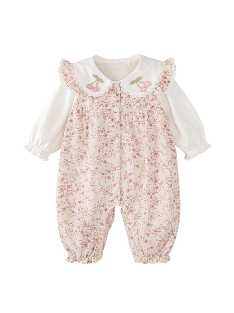 A pink floral pattern romper for baby girls, featuring a single-breasted design, made from soft cotton, perfect for spring and autumn.