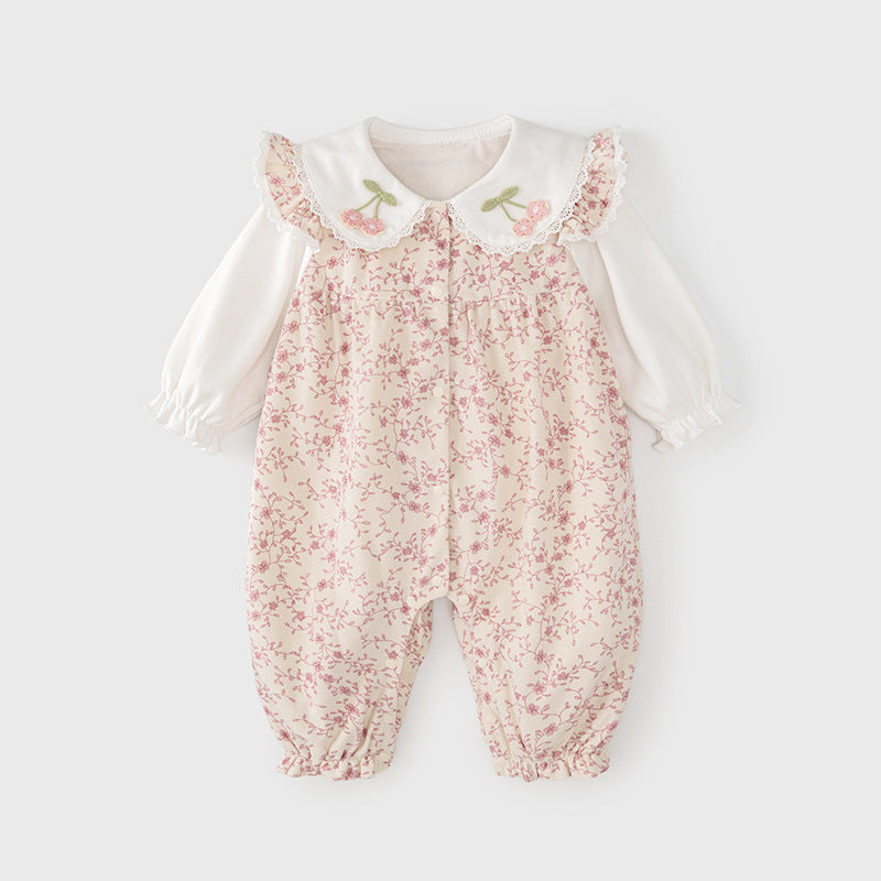 A pink floral pattern romper for baby girls, featuring a single-breasted design, made from soft cotton, perfect for spring and autumn.