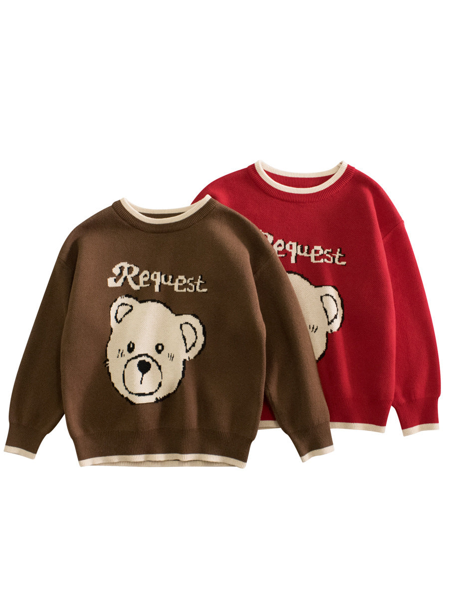 Baby girls crew neck top featuring a cute teddy bear pattern in red and brown colors, made from soft cotton material.