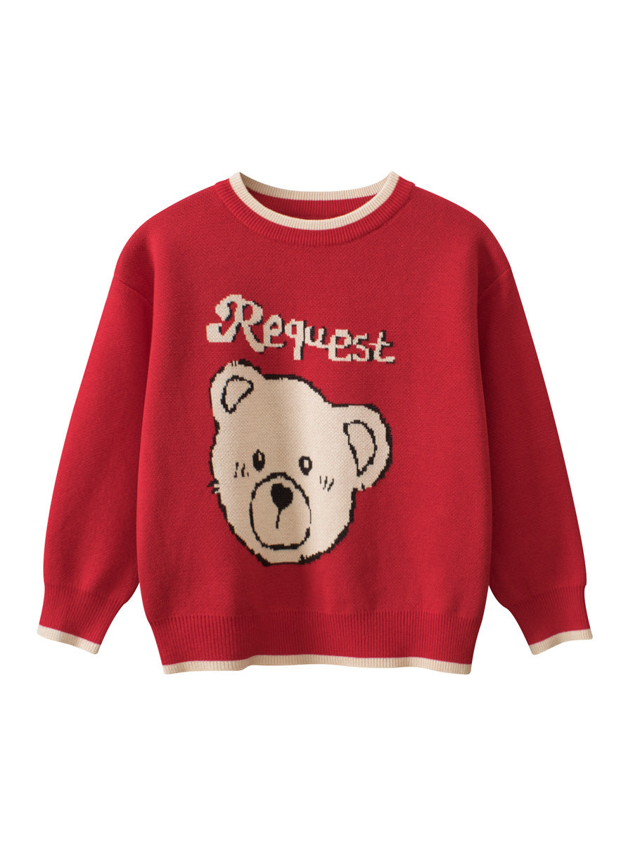 Baby girls crew neck top featuring a cute teddy bear pattern in red and brown colors, made from soft cotton material.