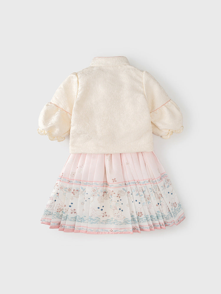 Beige baby girls top with stand collar and rabbit pattern, perfect for autumn wear.