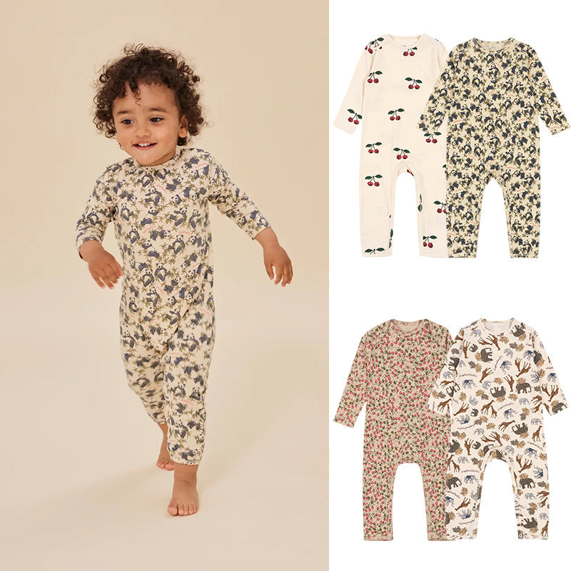 Autumn New Arrival Baby Unisex Long Sleeves Crew Neck Rompers in various colors with animal and fruit patterns.