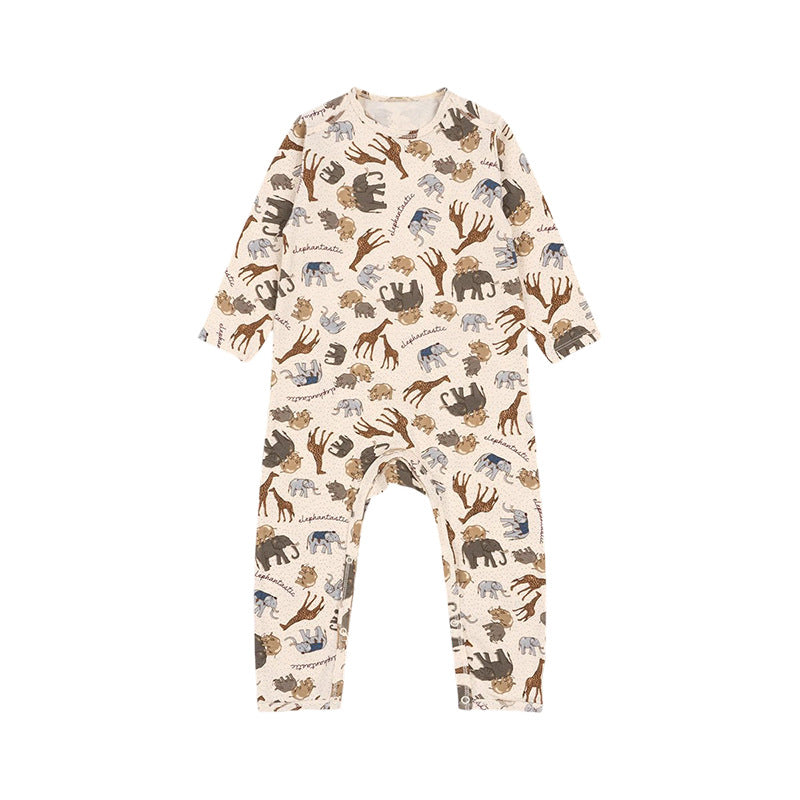 Autumn New Arrival Baby Unisex Long Sleeves Crew Neck Rompers in various colors with animal and fruit patterns.