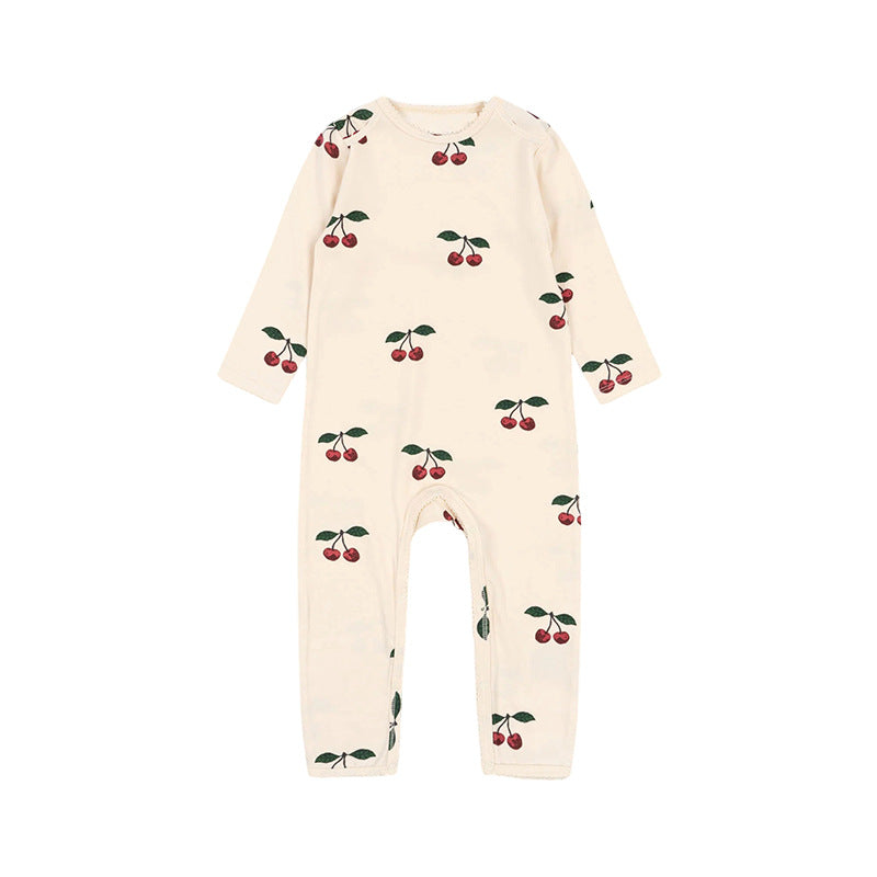 Autumn New Arrival Baby Unisex Long Sleeves Crew Neck Rompers in various colors with animal and fruit patterns.