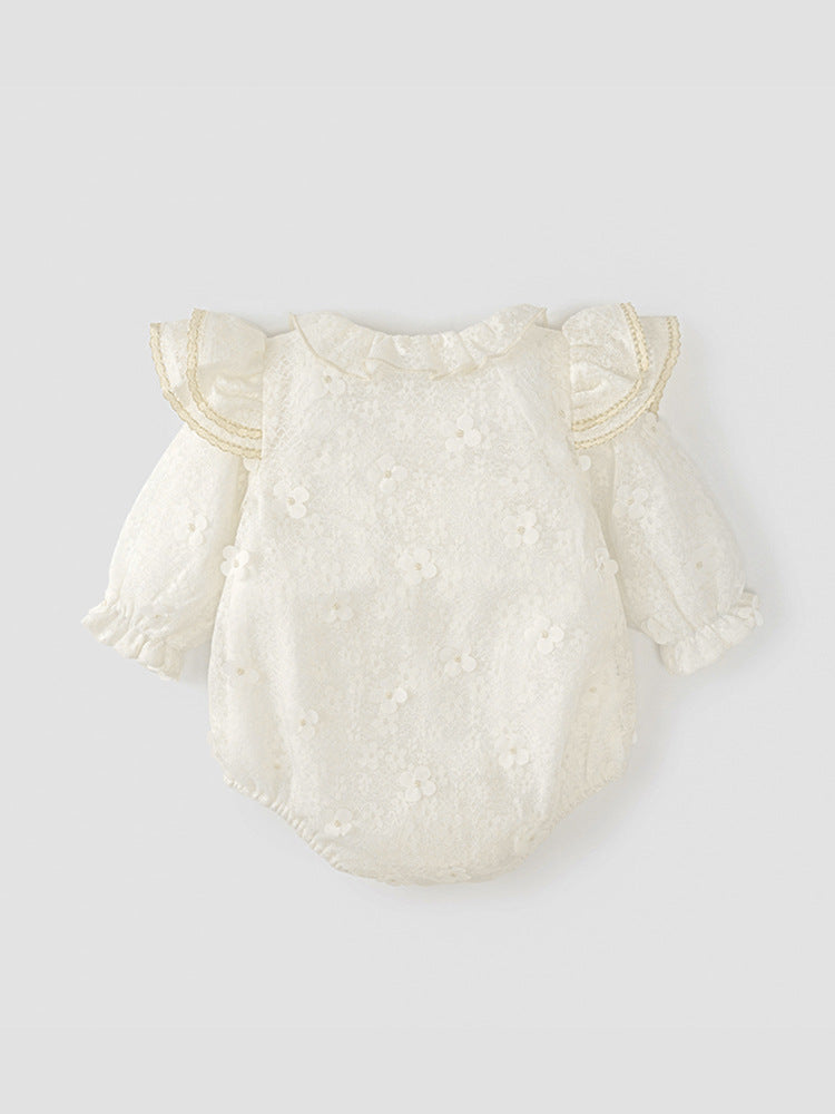 Beige long sleeve top for baby girls with floral pattern, perfect for autumn and spring wear.