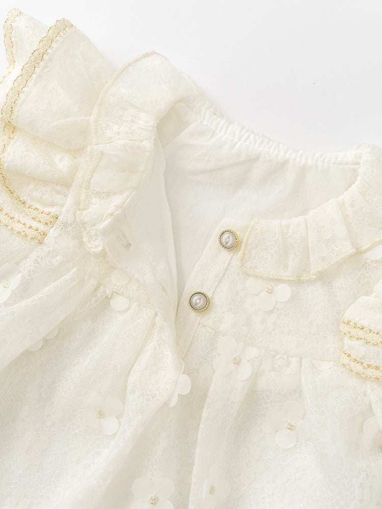 Beige long sleeve top for baby girls with floral pattern, perfect for autumn and spring wear.