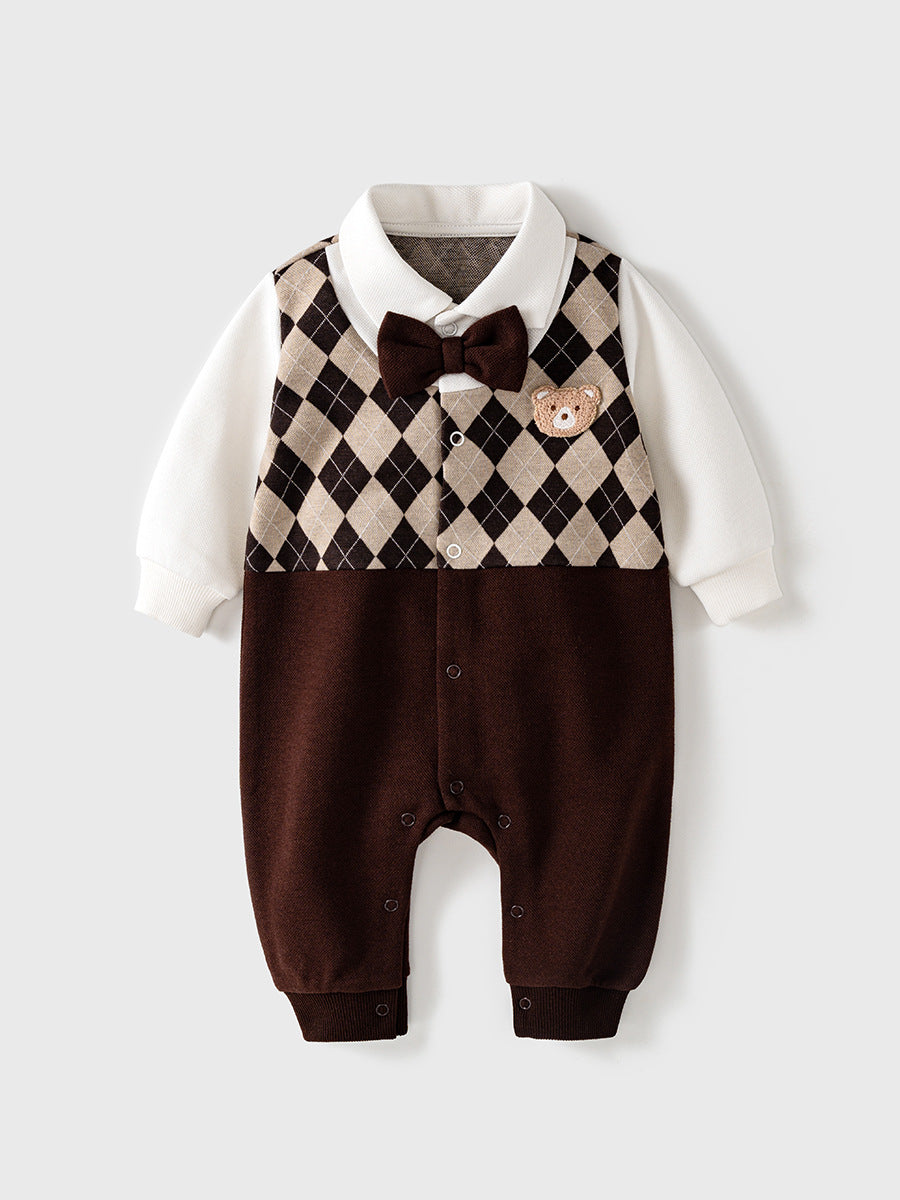 Autumn Newborn Bear Embroidered Design Rompers in brown cotton with cute bear embroidery and patchwork pattern.