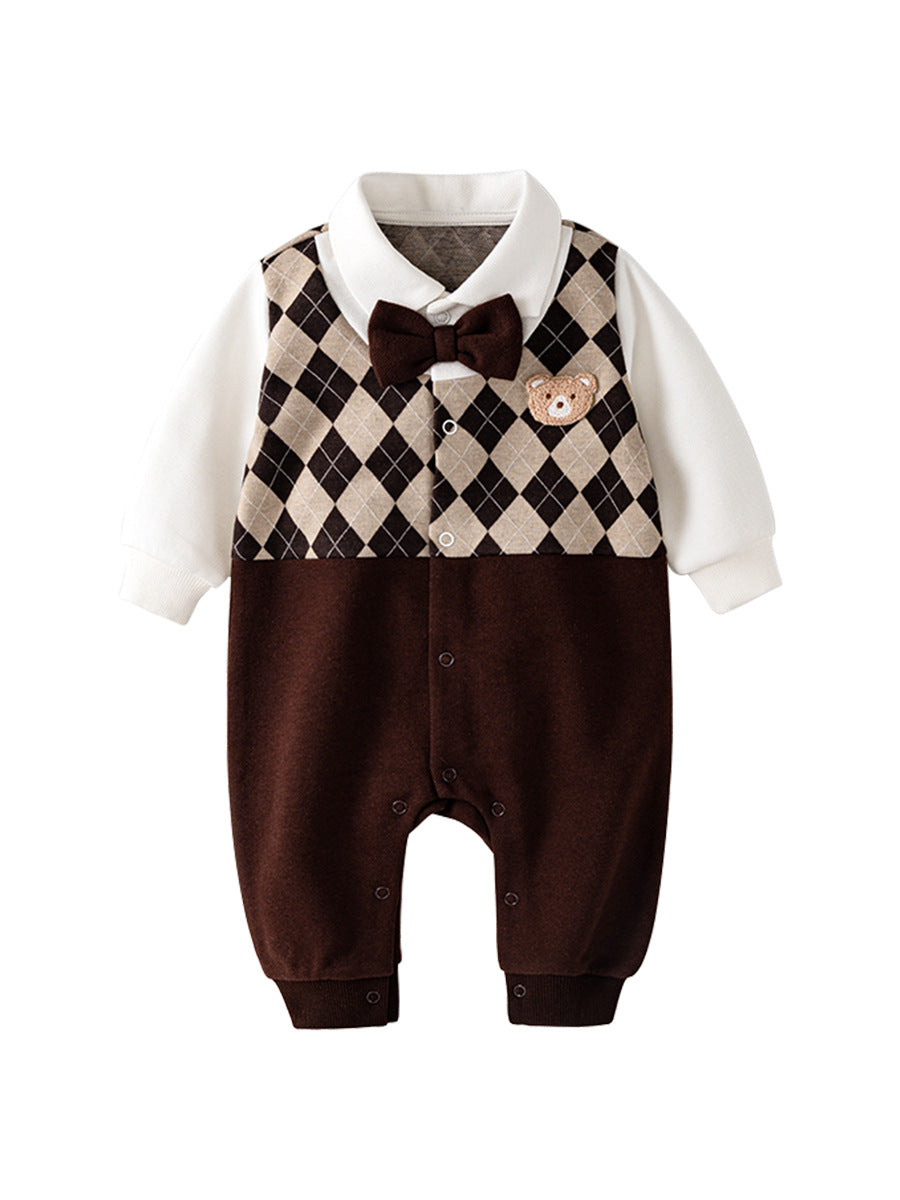 Autumn Newborn Bear Embroidered Design Rompers in brown cotton with cute bear embroidery and patchwork pattern.