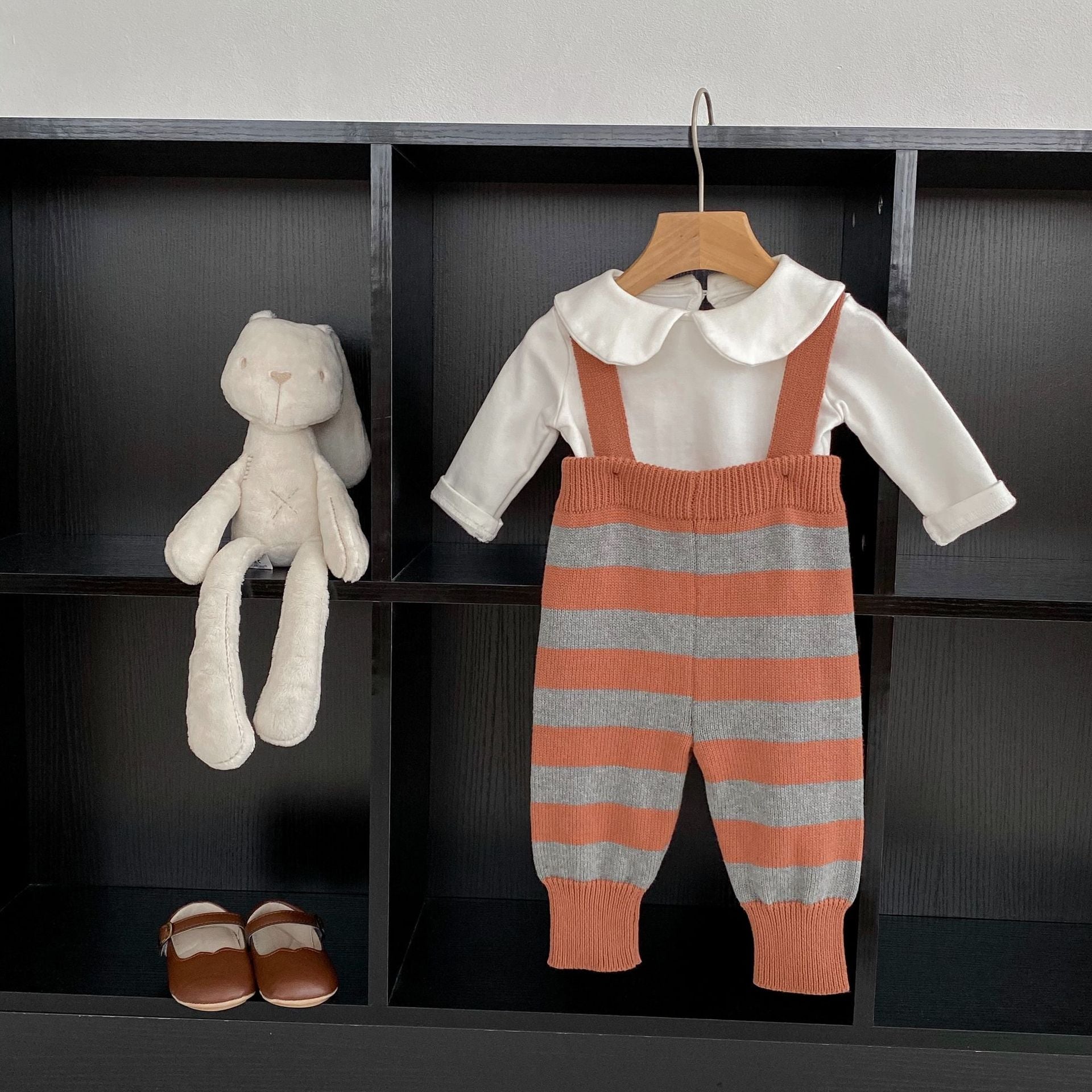 Autumn Newborn Striped Overalls Combo Blouses Sets in coffee color, featuring a stylish striped design for baby girls.